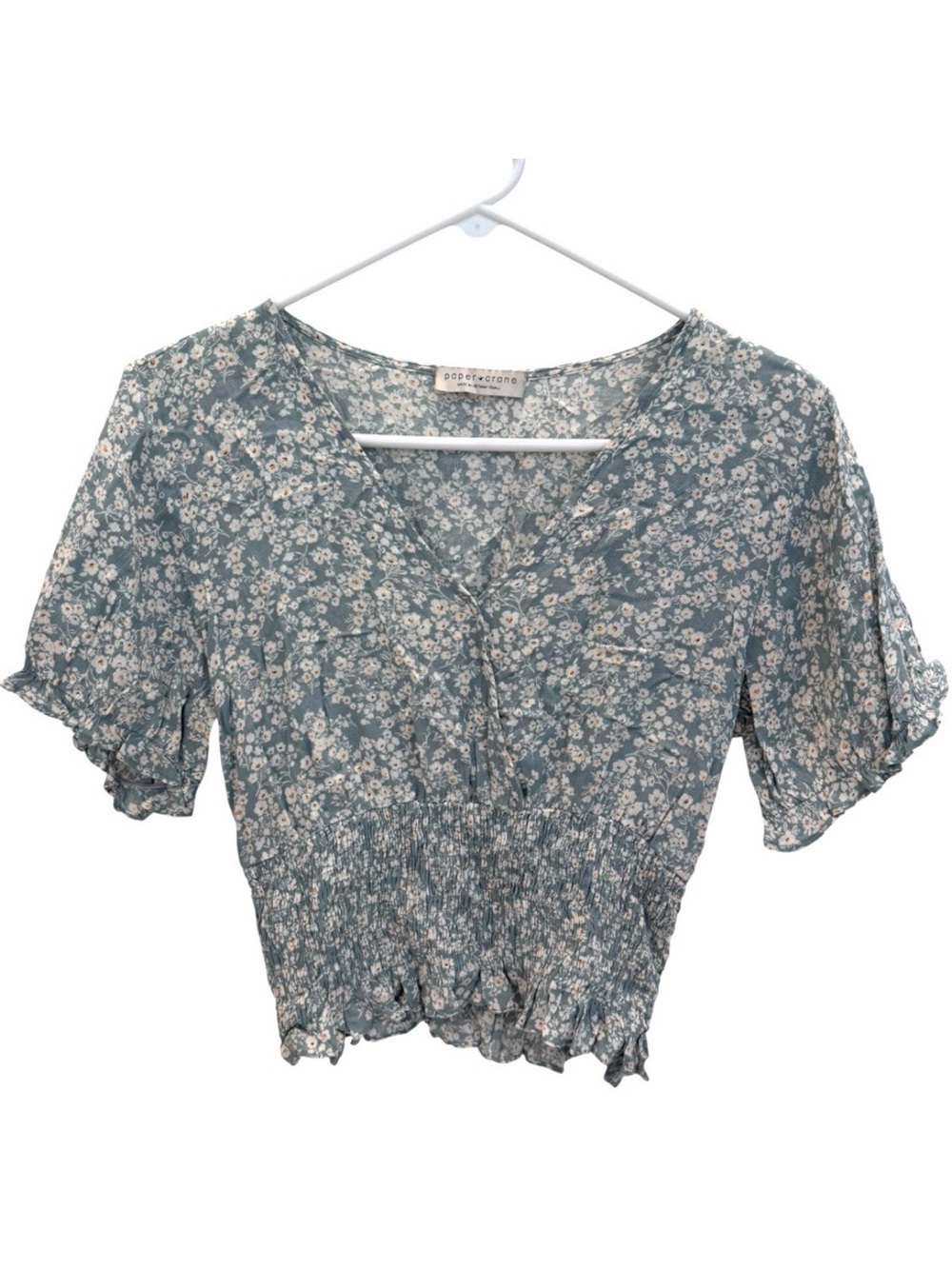 Paper Crane Womens S Blouse Floral V Neck Flutter Sleeve Cropped Smocked